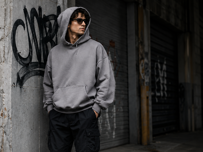 Trendy urban streetwear fashion showcasing heavyweight oversized hoodies and modern cargo pants by Maxlun.